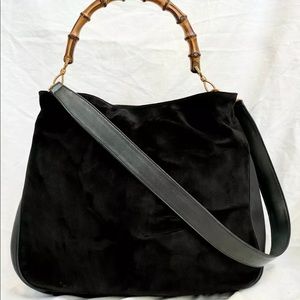 GUCCI Bamboo Handle Black Suede Hobo Hand Bag